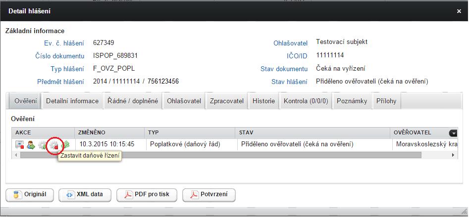 8.3.4.2.4 AKCE Zastavit daňové řízení Po kliknutí na tlačítko Zastavit daňové řízení se zobrazí okno s místem pro vepsání poznámky, možností přidat přílohu a tlačítkem Zastavit.