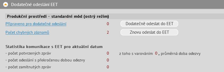 Odesílání ve zjednodušeném režimu a při výpadku spojení K hromadnému nahlášení neodeslaných transakcí slouží činnost 1.2.2.5 Dodatečné odeslání EET.