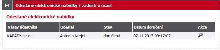 Obrázek 9: Přehled odeslaných elektronických nabídek O úspěšném odeslání