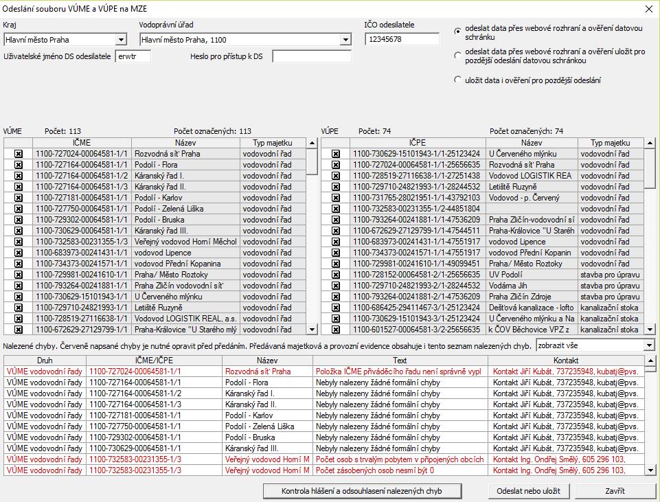 Pokud chyby neopravíme, příjemci dat se seznam chyb zobrazí. Tlačítko Odeslat nebo uložit se stane aktivní až po provedené kontrole. Modře psané jsou odchylky od standardu.