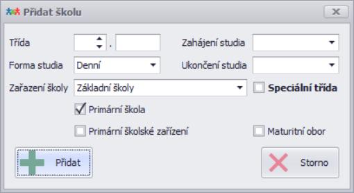 Nyní kliknu na tlačítko +Přidat a zobrazí se následující: Vyplním Třídu, Zahájení + Ukončení studia (není