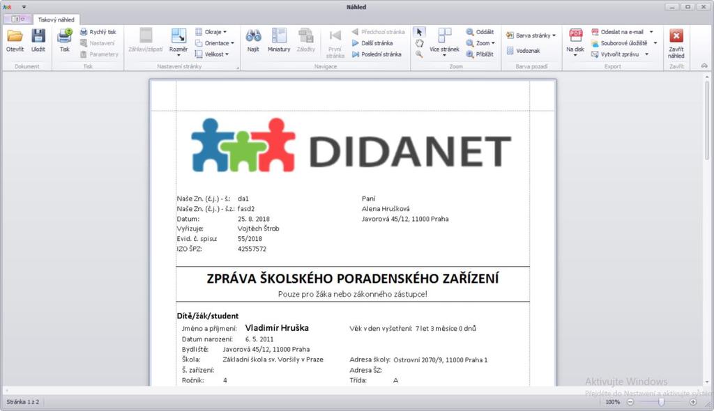 Hotová zpráva ŠPZ!!! Všimněte si, že v levé horní části můžete zprávu rovnou vytisknout. Nicméně, můžete udělat i více.