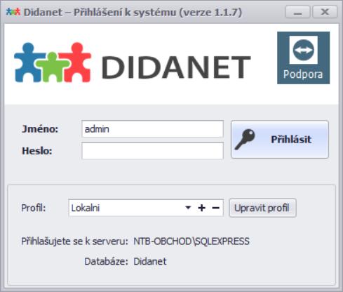 Po kliknutí na tlačítko uložit v nastavení připojení k databázi, budete přesměrováni do základního přihlašovacího okna, pomocí kterého se už pak automaticky budete do Didanetu přihlašovat (aplikaci