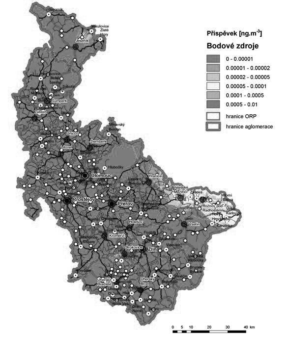 Obrázek 43: Příspěvek skupiny vyjmenovaných zdrojů (Bodové zdroje) k průměrné roční koncentraci benzo(a)pyrenu, stav roku 2011, zóna CZ07 Střední Morava Shrnutí K překračování imisních limitů PM10