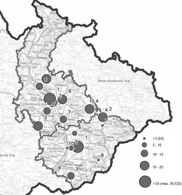 Obrázek 44: Provozovny vyjmenovaných zdrojů s nejvyššími emisemi tuhých znečišťujících látek, stav roku 2011, zóna CZ07 Střední Morava Zdroj dat: ČHMÚ C.6.