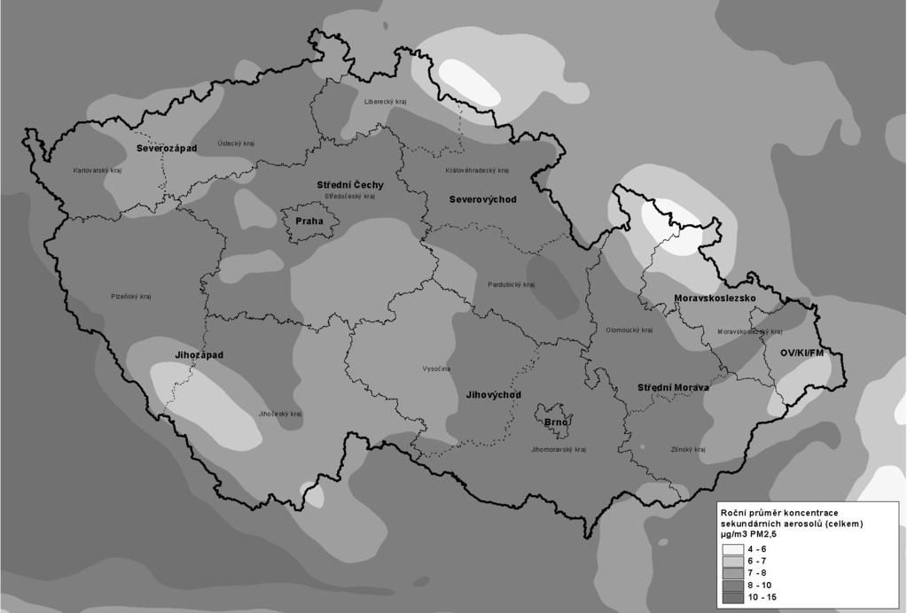 Obrázek 47: Imisní příspěvky sekundárních aerosolů k průměrným ročním