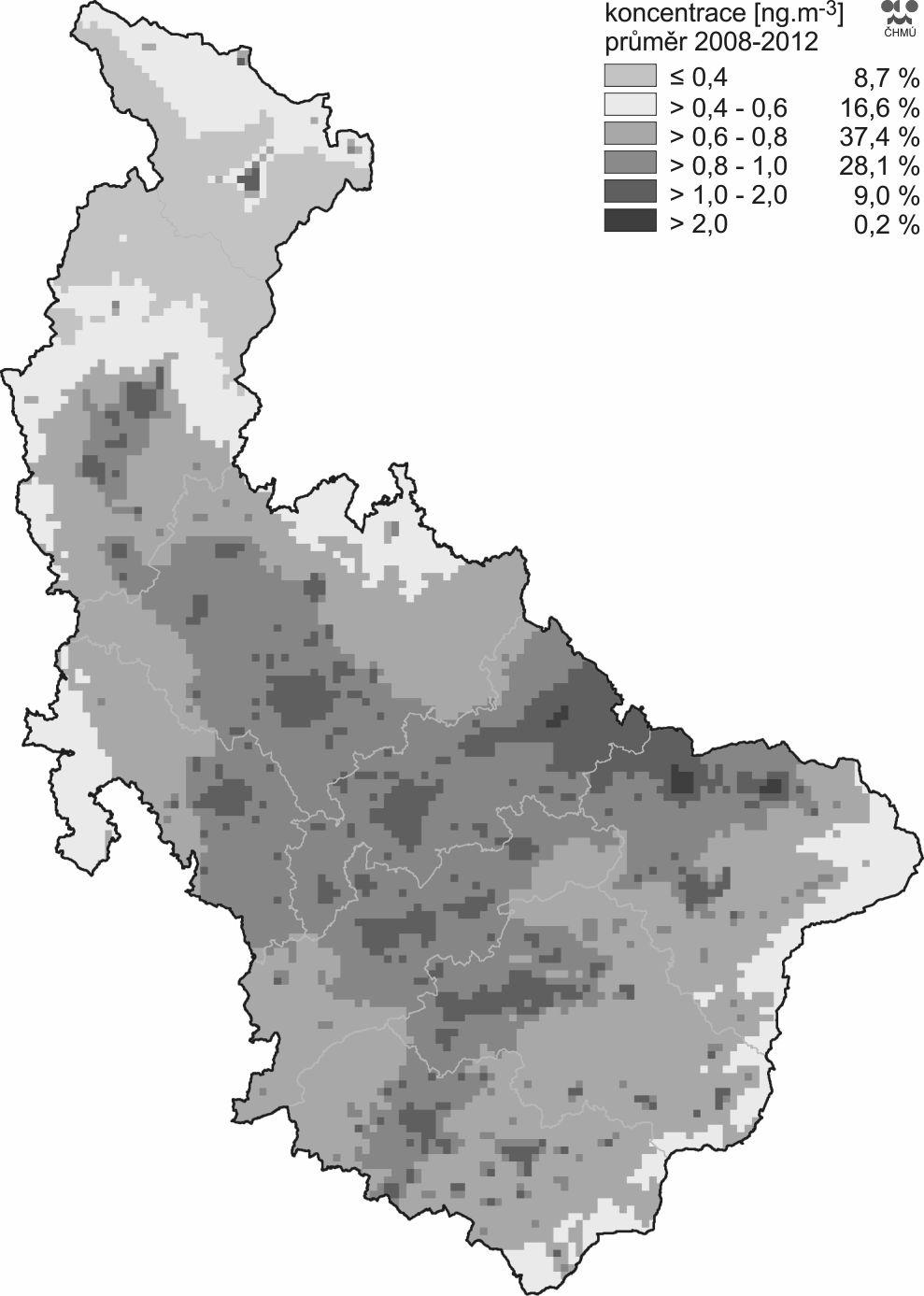 Obrázek 32: Pole průměrné roční koncentrace benzo(a)pyrenu, zóna CZ07 Střední Morava, pětiletý průměr za roky 2008-2012 Zdroj dat: ČHMÚ Shrnutí Imisní limit pro benzo(a)pyren je dlouhodobě