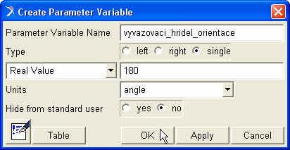 5.3.3 Nastavení variabilních parametrů V tomto kroku jsem nastavil proměnné parametry (Parameter Variable) orientace vyvažovací hřídele, viz. Obr. 5.5. Build» Parameter Variable» New Obr.