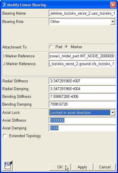 6.4 Nastavení jehlových ložisek v programu ADAMS/Engine Po vypočítání veškerých parametrů jehlového ložiska mohu v programu ADAMS/Engie - Template Builder zadat parametry tuhosti a tlumení pro