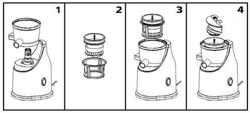 SESTAVENÍ PŘÍSTROJE 1. Vložte misku na tělo přístroje, jemným otáčením ji upevněte. 2. Vložte nerezové sítko do vodícího koše. 3. Připevněte nerezové sítko ve vodícím koši do misky. 4.