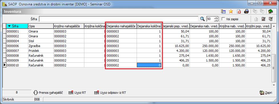 Ob kliku na gumb Uvoz iz RT program uvozi podatke iz datoteke in napolni stolpce Dejansko stanje. 2.4.3.