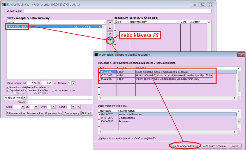 Jídelníčková nápověda Při Editaci jídelníčku lze po výběru jedné požadované receptury vyvolat tzv. Jídelníčkovou nápovědu (tlačítkem nebo klávesou F5).