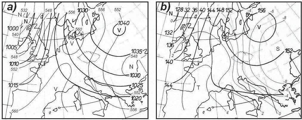 Obr. 5 Synoptická situace severovýchodní anticyklona (NEA), typická pro výskyt podnormálních teplot na území Čech v zimním období.