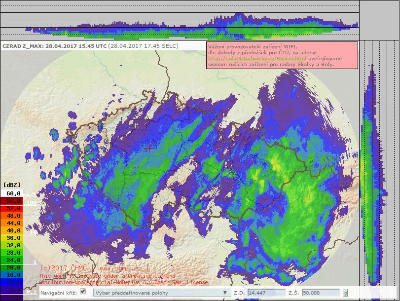 UTB ve Zlíně, Fakulta logistiky a krizového řízení 28 Obrázek 6: Sloučená meteorologická radiolokační informace z radarů Skalky a Praha- Brdy. Zdroj: [15