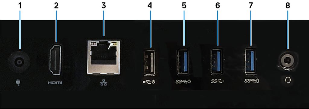 Zadný panel 1 Port napájacieho adaptéra Slúži na pripojenie napájacieho adaptéra kvôli napájaniu vášho počítača. 2 Port HDMI-out Pripojte TV alebo iné zariadenie s podporou HDMI vstupu.