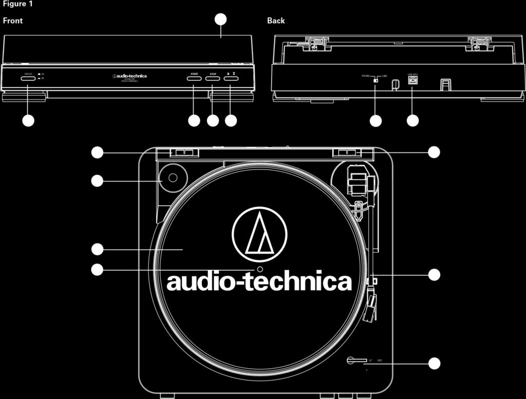 Selektor velikosti desky Zvolte rozměr desky: 12" or 7". 6. Talíř Aluminiový talíř 10. Protiprachový kryt 11. Raménko s přenoskou 12. Přenoska 13. Jehla 14. Ochrana jehly / přenosky 14 15.