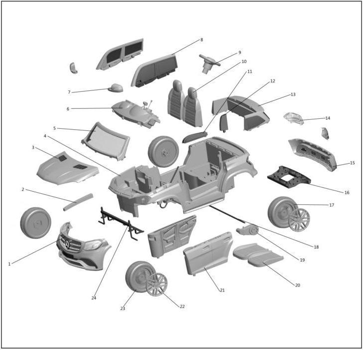 Diagram súčiastok Č Názov Ks Č Názov Ks Č Názov Ks 1 Predný nárazník 1 9 Volant 1 17 Zadné koleso 2 2 Podpora kapoty 1 10 Opierka sedadla 2 18 Zadná náprava 1 3 Kapota 1 11 Priečny nosník (spodný) 1