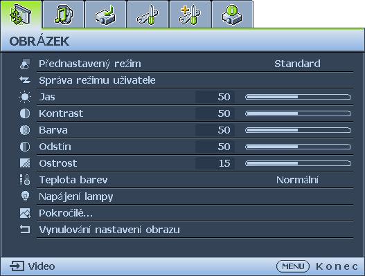 Používání nabídek Tento projektor umo ňuje provádět různá přizpůsobení a nastavení pomocí nabídek na projekční ploše (OSD). Na následujícím obrázku je uveden přehled OSD nabídky.