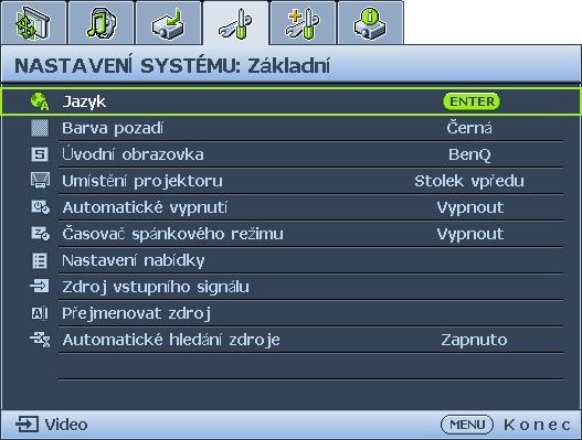 Před použitím OSD nabídek je prosím nastavte na váš jazyk. 1. Stiskem MODE/ENTER na 3. Stisknutím tlačítka označte projektoru nebo dálkovém ovládání nabídku Jazyk a tlačítky / zapněte OSD nabídku.