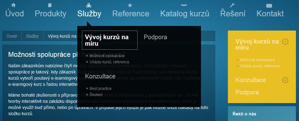 3. Analýza webových portálů 3.1.3.2 Výčet podstránek Obrázek 3.8: Podstránky Pokud se vybere kategorie (v tomto případě Služby, viz obrázek 3.8), nabídne se podmenu pro výběr podstránek.