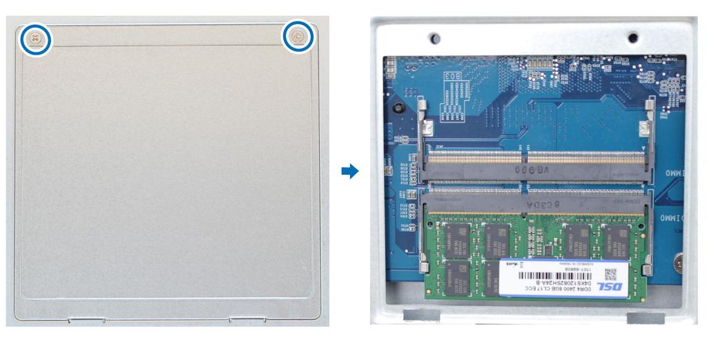 Přidání modulu paměti RAM do stanice DiskStation Volitelný modul paměti DDR4 RAM od společnosti Synology je určen k rozšíření paměti zařízení DiskStation.
