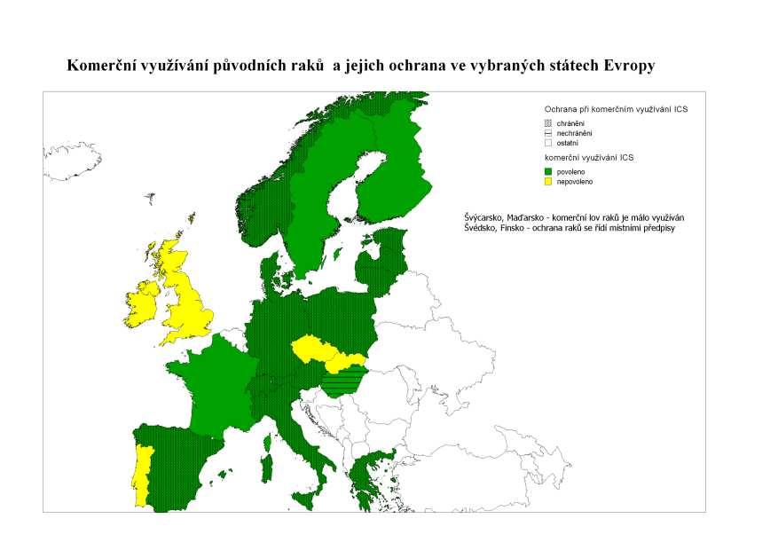 Obr. 15: Grafické znázornění přístupu k ochraně a komerčnímu využívání původních druhů raků ve vybraných státech Evropy.