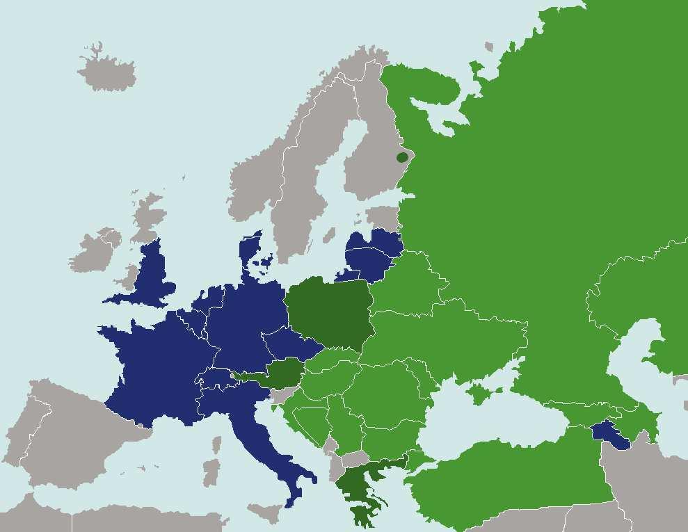 Obr. 2: Rozšíření raka bahenního (A. leptodactylus) v Evropě (dle různých pramenů). původní výskyt, introdukovaný druh, reintrodukovaný druh nebo nejasný původ 1.