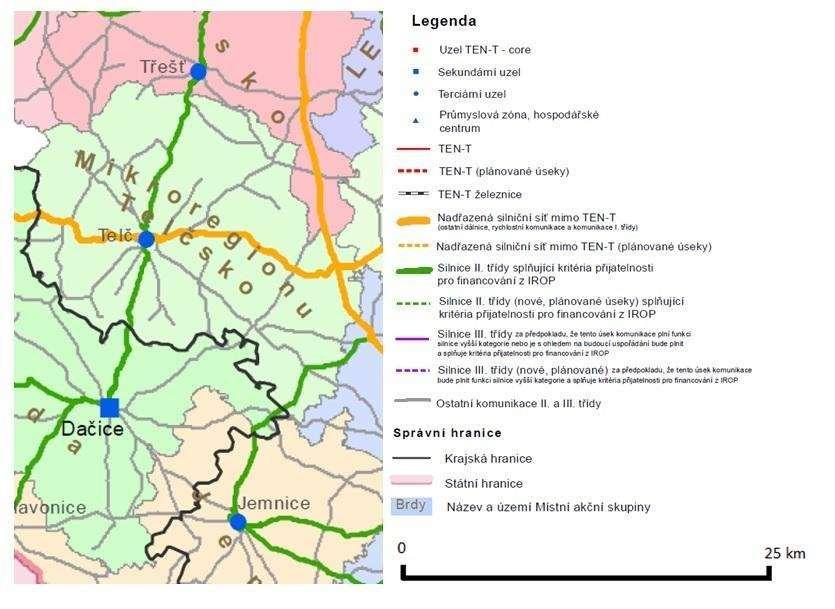 Obrázek 8 Klasifikace silniční sítě na území MAS Mikroregionu Telčsko z hlediska priorit ČR při investicích do pozemních komunikací v letech 2014-2020. Zdroj: (22).