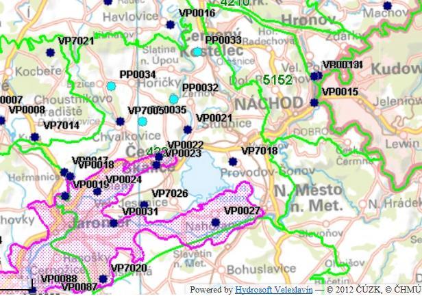 Obrázek 3-2 Objekty v současnosti pozorované ČHMÚ NOVÉ HYDROGEOLOGICKÉ VRTY PROVÁDĚNÉ V RÁMCI PROJEKTU REBILANCE ZÁSOB PODZEMNÍCH VOD Pro ověření pozice a hloubky jednotlivých kolektorů a izolátorů,
