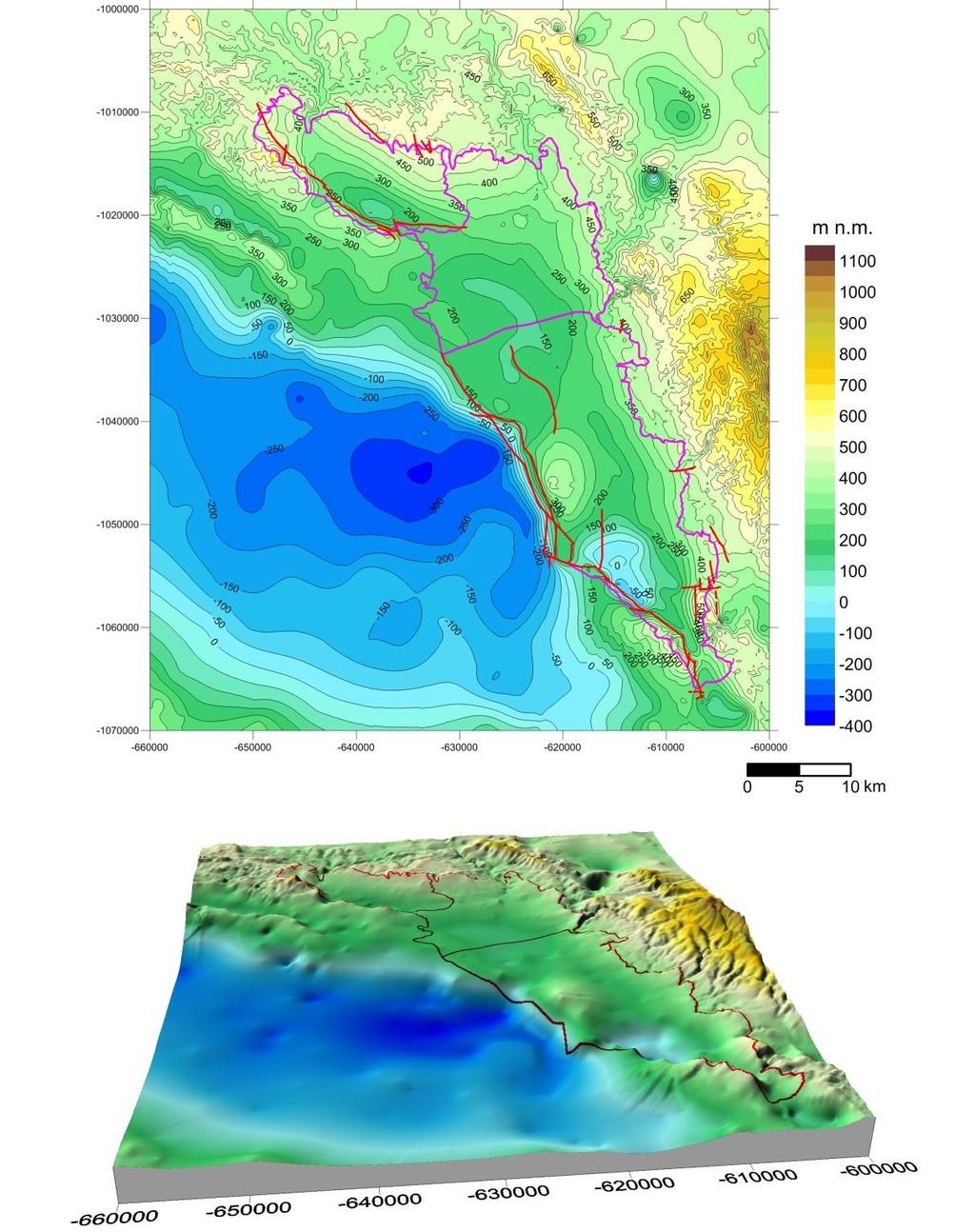 Obrázek 4-1 Prostorový geologický model podloží křídových sedimentů v oblasti rajonu 4240, 4221 a 4222 (od severu k jihu).
