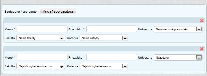 Spoluautorstvo: v prípade evidencie spoluautorstva vyplní zapisovateľ záznamu v časti formuláru Spoluautor/spoluautori jednotlivé polia potrebné pre zápis mennej autority autora.