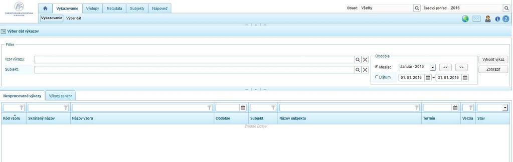je možné podľa potreby rozšíriť napr. na viac rokov, alebo zúžiť napr. na 1 mesiac. Pre vypracovanie výkazu sa používa záložka Vykazovanie - modul Vykazovanie.