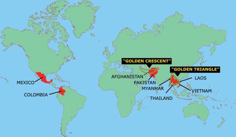 Výrobci heroinu: - oblast Zlatého trojúhelníku (Myanmar/Barma, Thajsko, Vietnam, Laos a jižní Čína) - oblast Zlatého půlměsíce