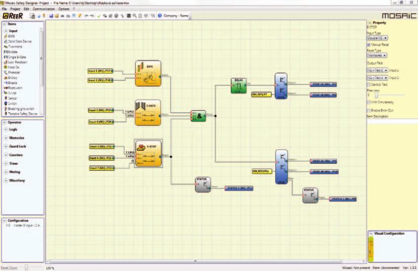 Software Mosaic Safety Designer software se dodává zdarma jako součást hardwaru široké možnosti diagnostiky jednoduché programování v grafickém prostředí pomocí funkčních bloků funkční bloky (FB)