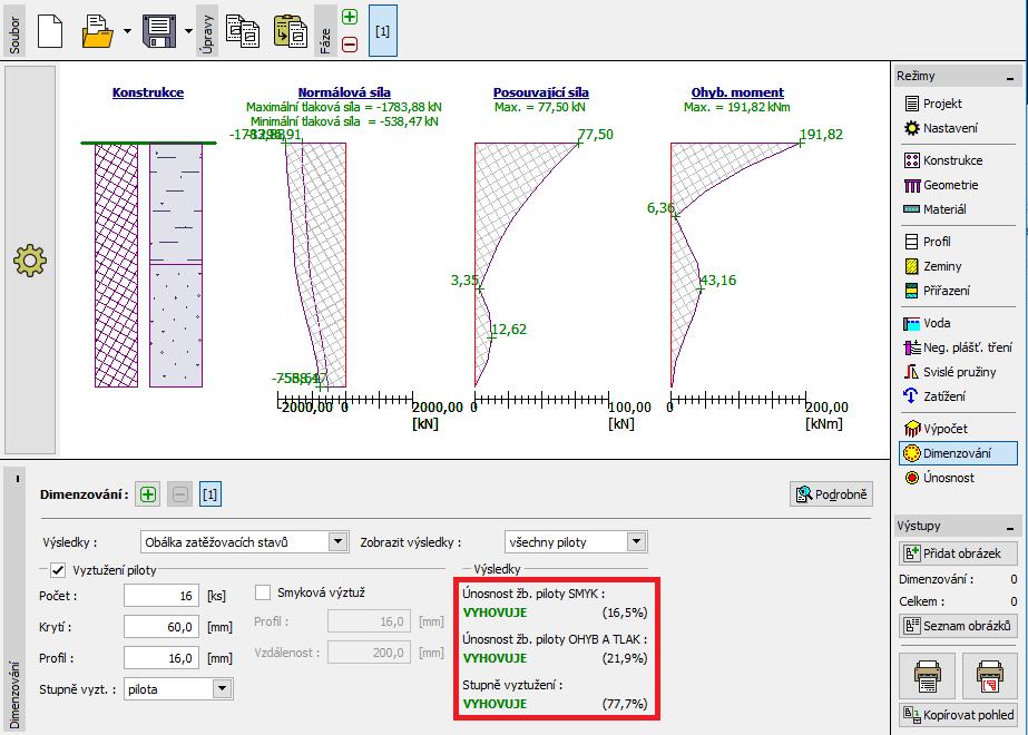 Dimenzování: Následně přejdeme do rámu Dimenzování a obdobně jako v úloze 16. Výpočet vodorovné únosnosti osamělé piloty navrhneme a posoudíme hlavní nosnou výztuž pilot.