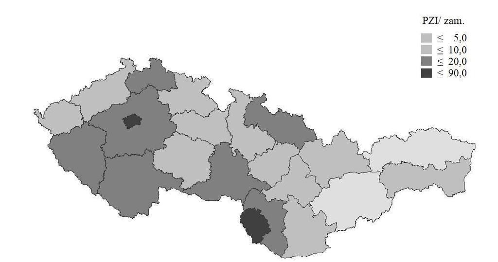 3. Regionální rozdíly v koncentraci přímých zahraničních investic Příliv přímých zahraničních investic na úrovni sledovaných republik lze hodnotit také v regionálním kontextu, který poukazuje na