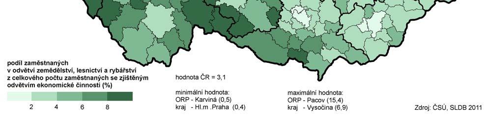 Zaměstnaní 220 743 16 806 26 128 28 785 40 884 47 736 37 529 22 875 z toho podle odvětví ekonomické činnosti (%): zemědělství, lesnictví, rybářství 6,3 14,8 12,7 9,4 7,0 3,4 1,8 0,9 průmysl 32,9 33,1