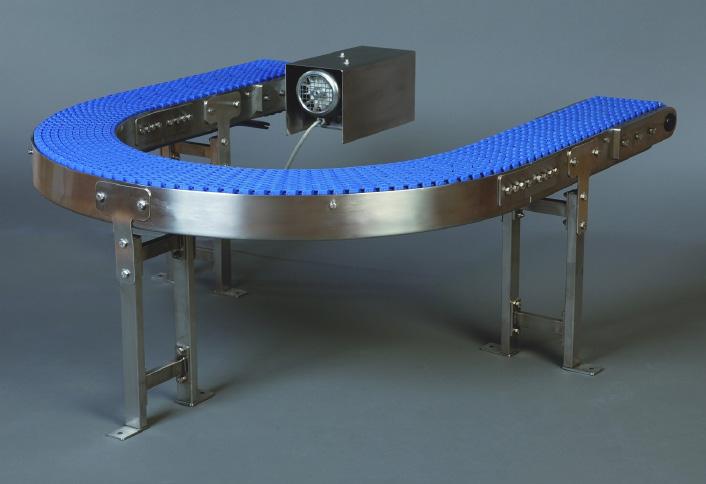 Hliníkový zakřivený pásový ušlechtilé oceli EM - C s řetězem z plastových modulů Dopravník s řetězem z plastových modulů EM-C se svým rámem z uzavřených profilů z ušlechtilé oceli je zvlášť vhodný