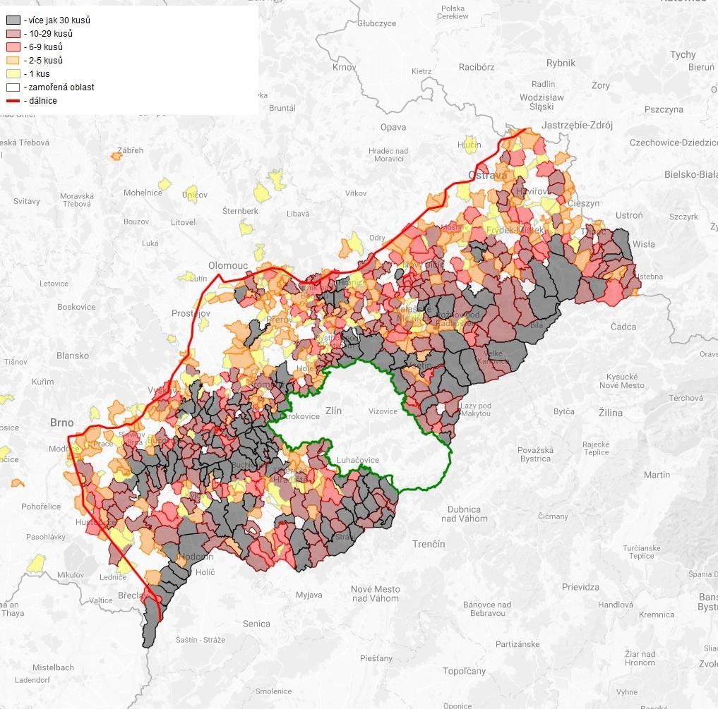 Obr. 5: Přehled intenzity odlovených divokých prasat v oblasti s intenzivním odlovem Autor: MVDr.