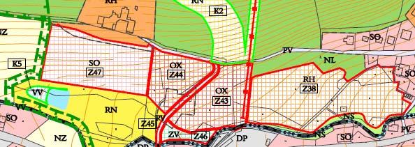 Obr. 28: Plochy Z38, Z43, Z44, Z45, Z46, Z47 a K5 na hlavním výkresu ÚP a leteckém snímku (zdroj: Urbanistické středisko Ostrava s.r.o. 2017, ČÚZK).