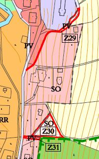 Obr. 35: Plochy Z29, Z30 a Z31 na hlavním výkresu ÚP a leteckém snímku (zdroj: Urbanistické středisko Ostrava s.r.o. 2017, ČÚZK).