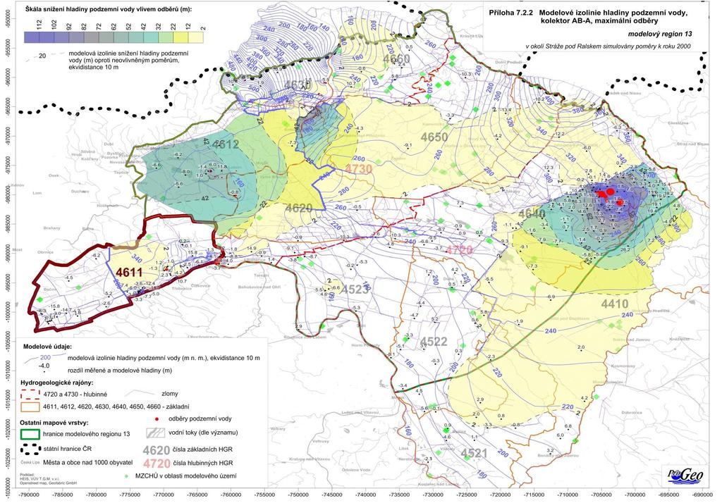 Obrázek 6-26 Modelové izolinie hladiny podzemní vody,