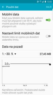Zap./Vyp. internetu v ČR 1. V menu stisknete ikonu Nastavení. 2. Vyberete možnost Použití dat. 3. Internet zapnete/vypnete stisknutím vypínače na konci řádku Mobilní data. Zap./Vyp. internetu v zahraničí 1.