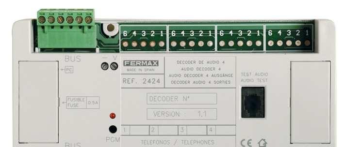 Multiplexní Digitální Systém Audiodekodér DEKODÉR BUS VÝSTUP Výstup V: Pro videodistributory Testovací audio konektor Programovací tlačítko OUTPUT1 OUTPUT2 OUTPUT3 OUTPUT4