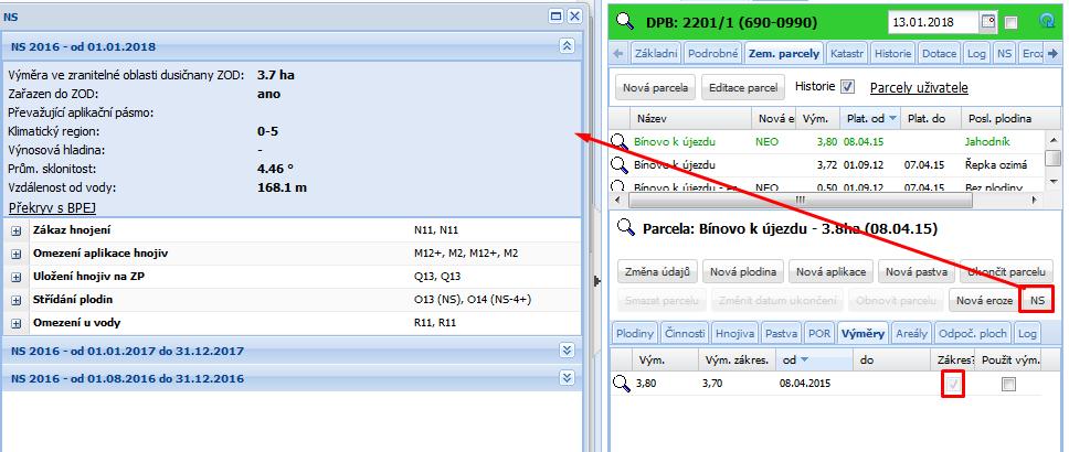 Parcela má vlastní zákres (informace je zobrazena na záložce Výměry) -> v okně NS se zobrazují údaje NS
