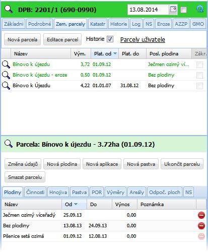 8.5 Orientace na parcele Tlačítko k založení parcely Tlačítko k řešení červené parcely Poklikem zde se vrátím na seznam všech založených parcel (na záložku Zem.