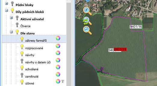 12.2 Vytvoření návrhu DPB a jeho zařazení do ohlášení Návrhy DPB, zakreslené v ilpis Registr půdy pro farmáře, jsou ukládány ve vrstvě Díly půdních bloků => Dle stavu => zákresy farmářů.