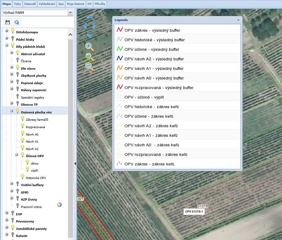 Zákresy OPV tvoří dvě geometrie, které jsou v legendě pojmenovány takto: výsledný buffer výsledný zákres OPV vč.
