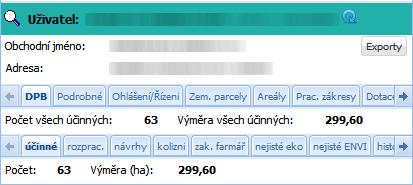 Tlačítko Exporty zobrazí okno, ve kterém lze spustit hromadné exporty geoprostorových dat pro vybrané vlastní DPB či zem.