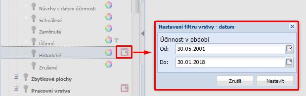 Obrázek 6 Historizace dat U hlavní žárovky Pracovní vrstva je možnost filtrovat data pomocí funkcionality kalendáře podžárovky je možnost změny barvy zákresu ikonou barevného terčíku.